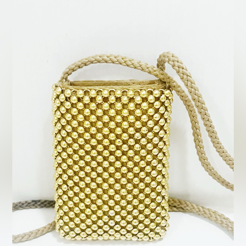 Vintage Natural Wood Beaded Crossbody Boho mini bag